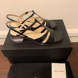 Marc Jacob Women’s the gem heel T- stripe black leather sandal Sz US6,5-7, NIB